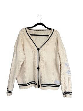 Taylor Swift Cream Cable Knit Cardigan with Contrast Trim Varsity Button Sweater